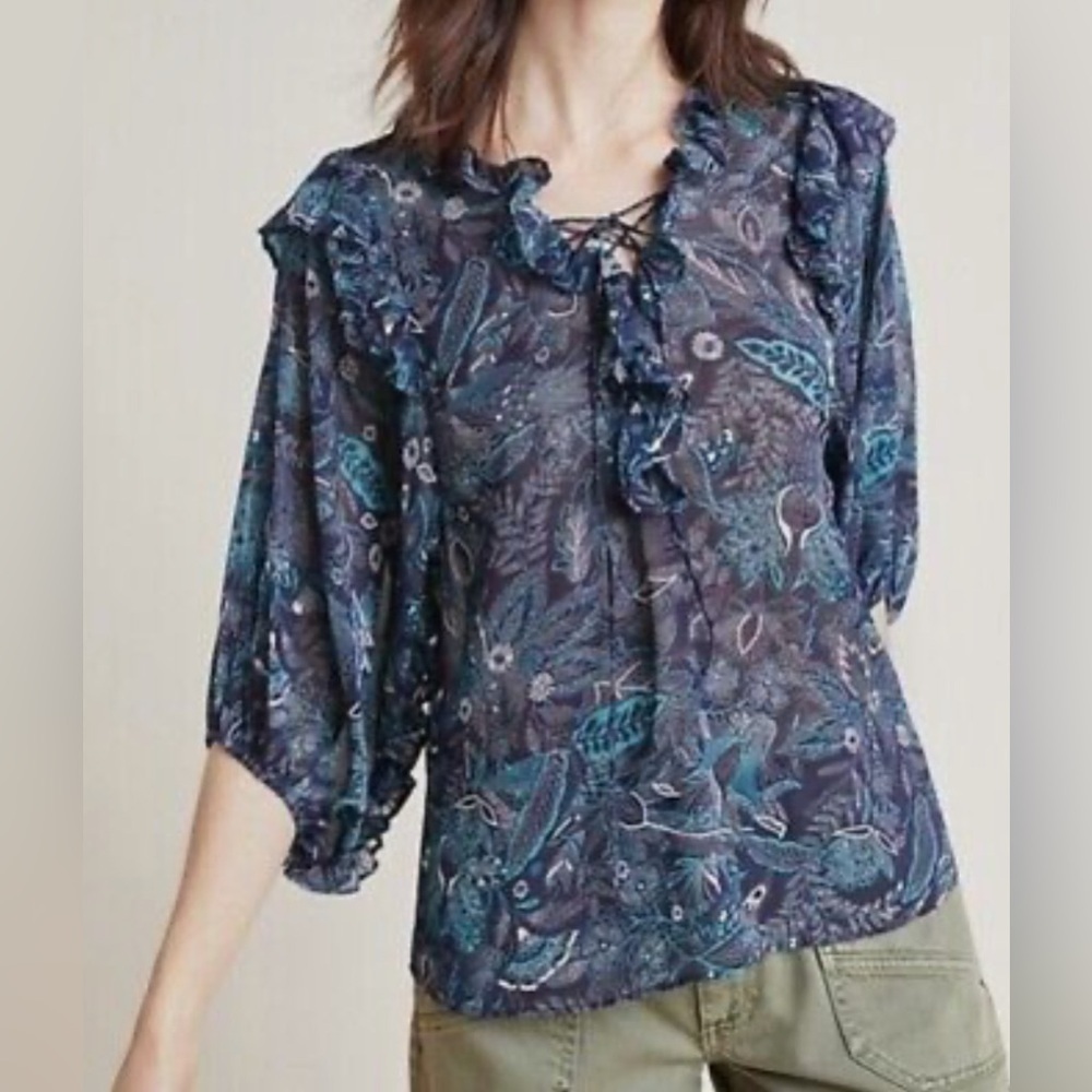 Anthropologie Haida Boho Peasant Blue Floral
Semi Sheer Blouse NWT Small - Picture 3 of 11